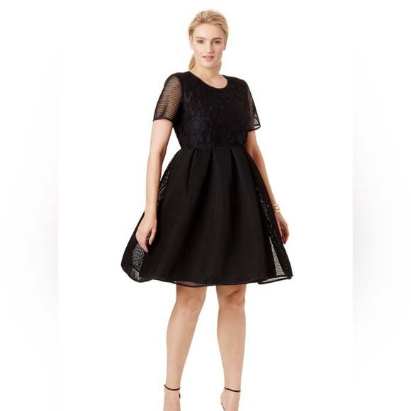 Eloquii Black, Mesh and Lace, Fit & Flare Dress - Picture 1 of 12